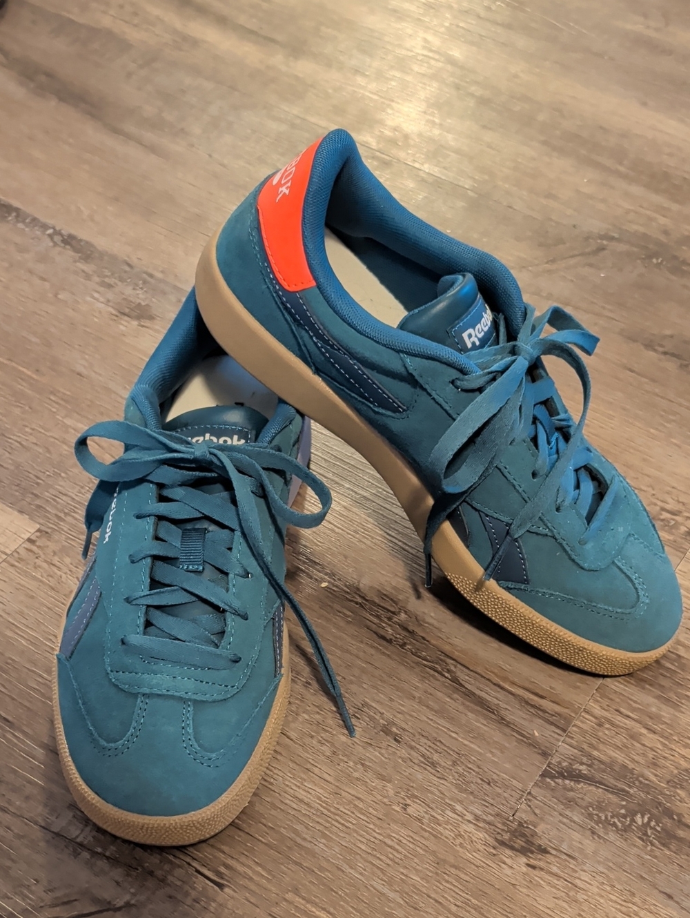Reebok Men’s Teal Suede Sneakers with Orange Heel and Gum Sole